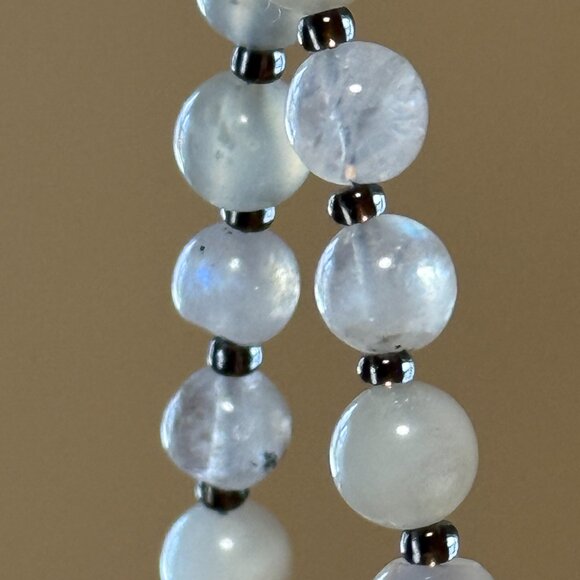 White Moonstone Bronze Cat on the Moon Necklace, Genuine Gemstone Beaded Choker - Picture 10 of 13